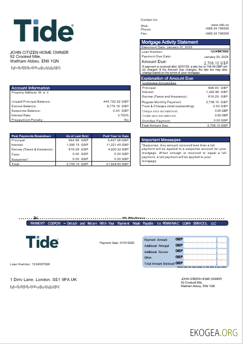 Relevé hypothécaire de la banque Tide au Royaume , Uni aux formats Word et PDF
